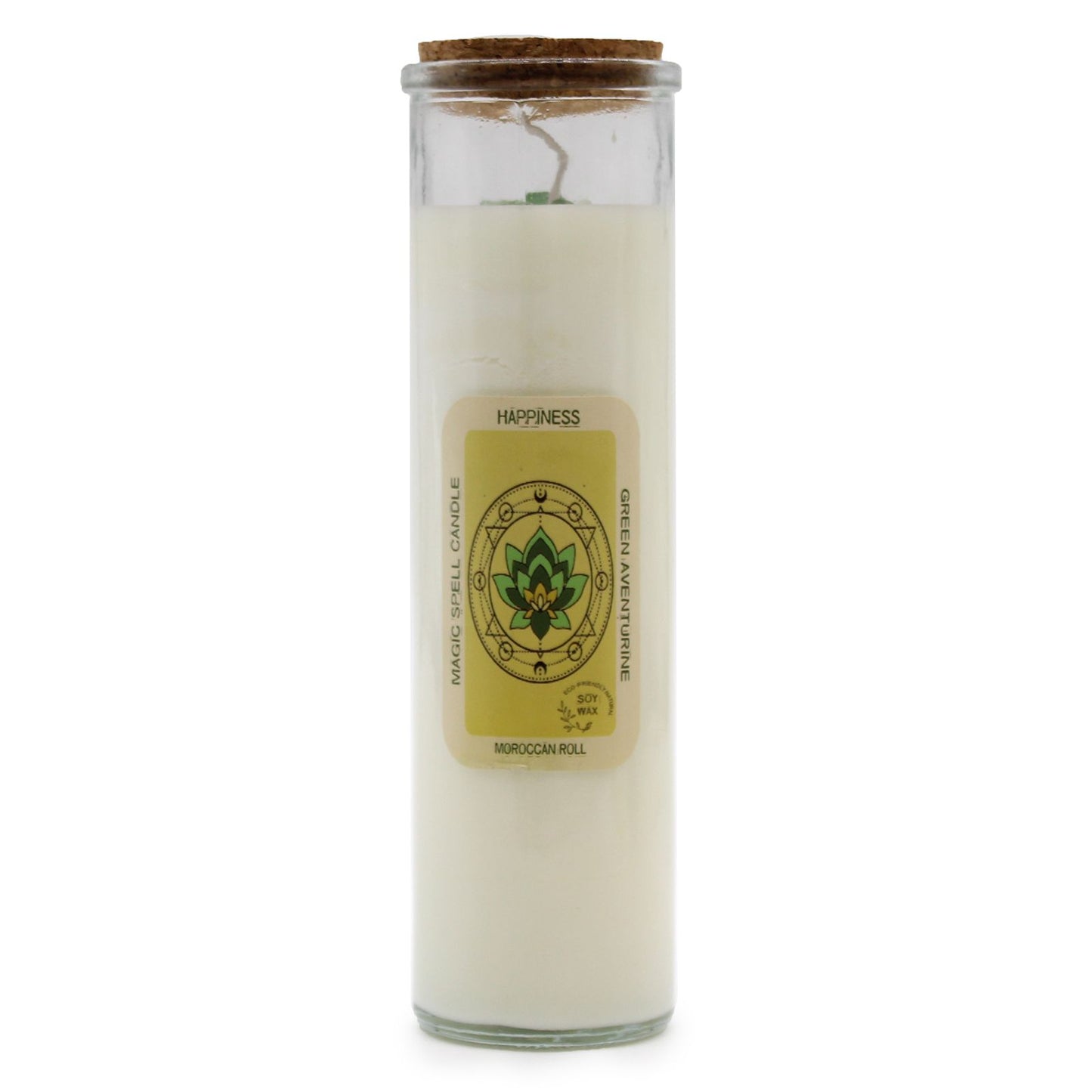 Magic Spell Candle for Happiness with GREEN AVENTURINE Gemstones & MOROCCAN ROSE Fragrance