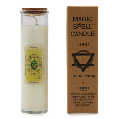 Magic Spell Candle for Happiness with GREEN AVENTURINE Gemstones & MOROCCAN ROSE Fragrance
