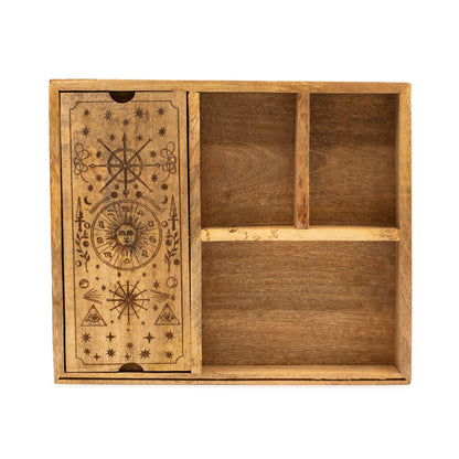 Four Section Tarot Box & Card Holder With Sun Carving