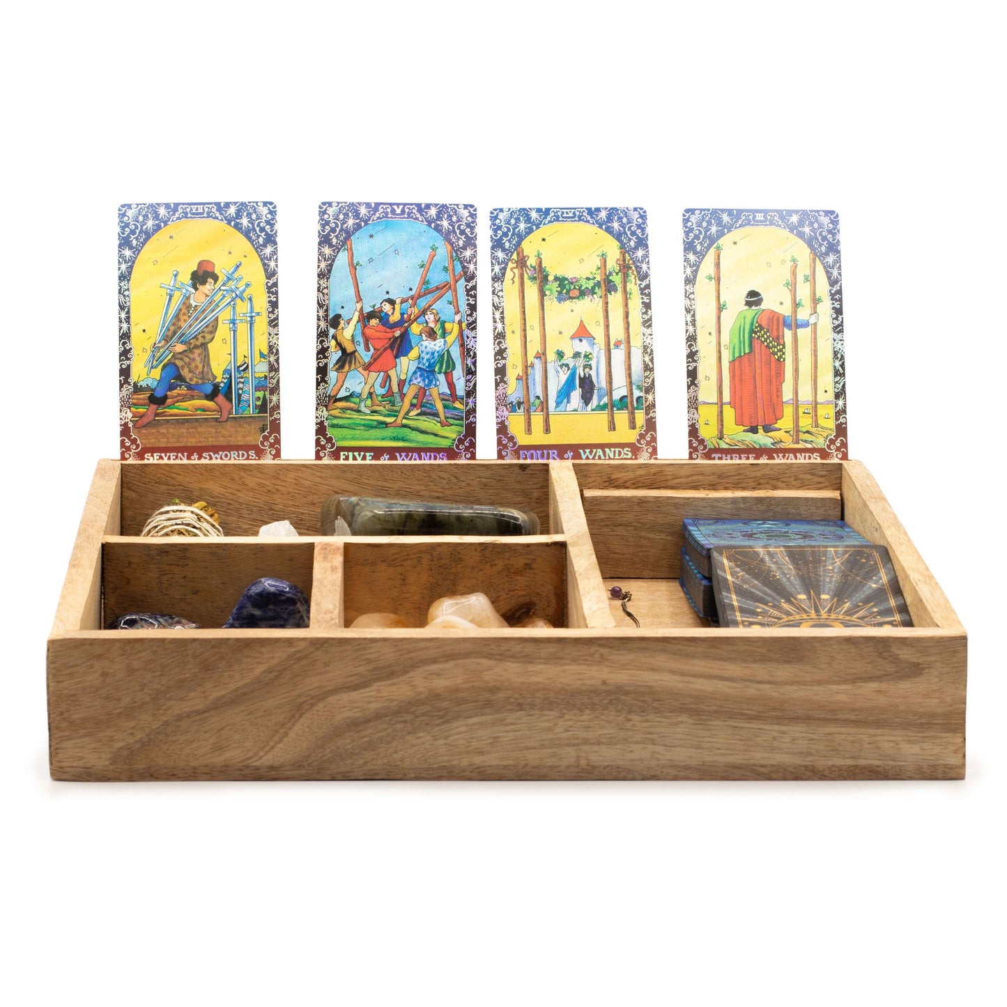 Four Section Tarot Box & Card Holder With Sun Carving