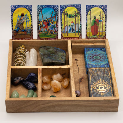 Four Section Tarot Box & Card Holder With Sun Carving