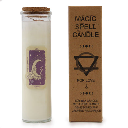 Magic Spell Candle for Love with ROSE QUARTZ Gemstones & JASMINE Fragrance