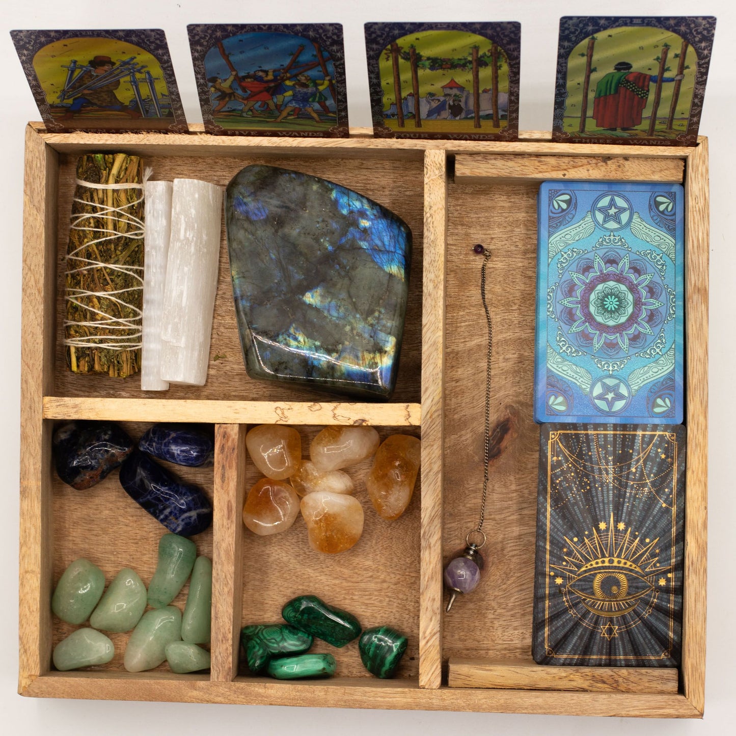 Four Section Tarot Box & Card Holder With Sun Carving