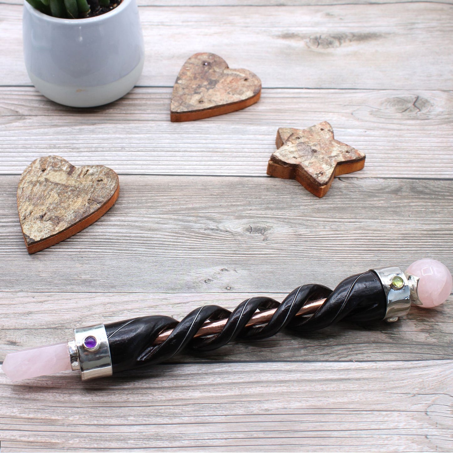 Spiral Carving Healing Wand with Copper Pipe and Rose Quartz