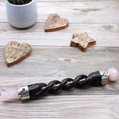 Spiral Carving Healing Wand with Copper Pipe and Rose Quartz
