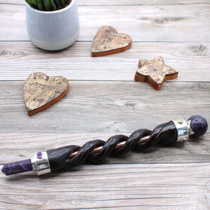 Spiral Carving Healing Wand - Copper Pipe, Amethyst