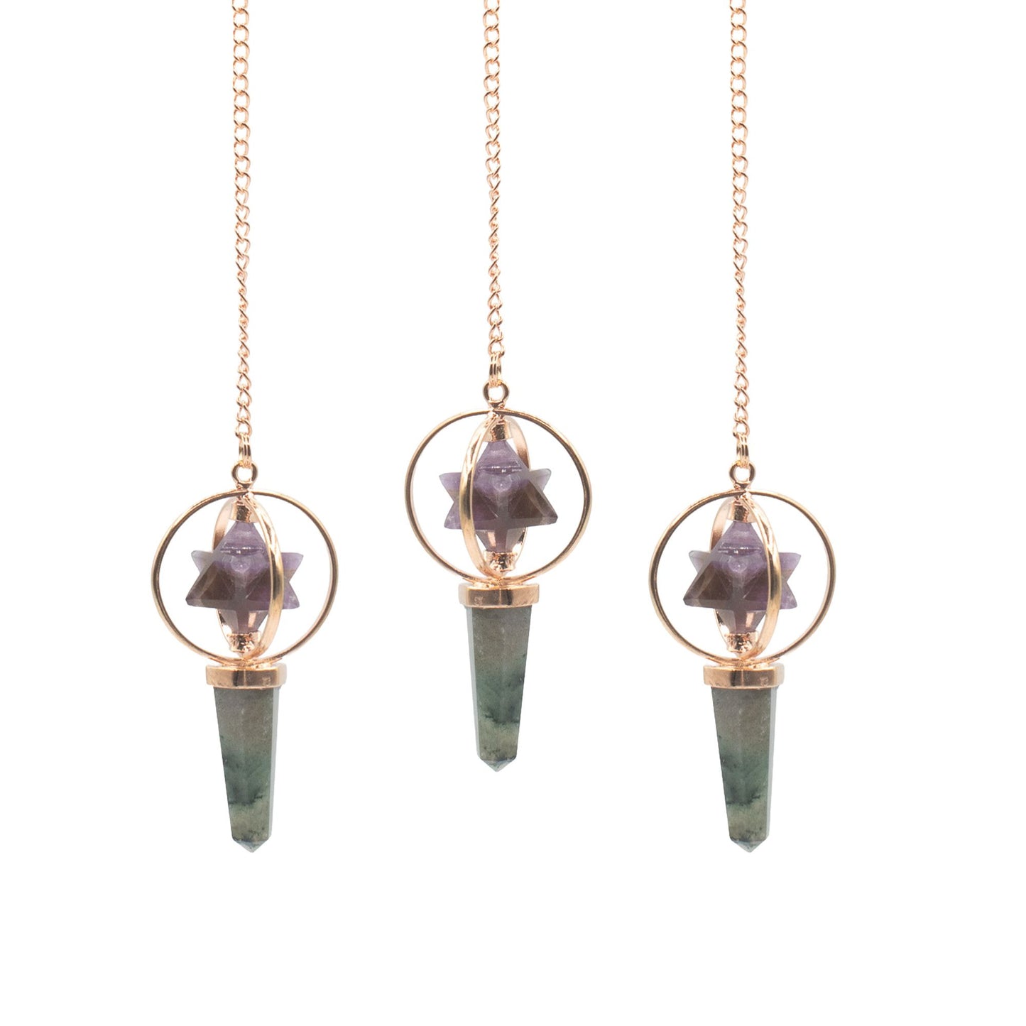 Amethyst, Labradorite Spinning Merkaba Star in Copper Pendulum Cosmic Navigator