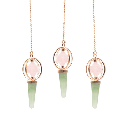 Rose Quartz, Green Aventurine Spinning Merkaba Star in Copper Pendulum Heart Compass