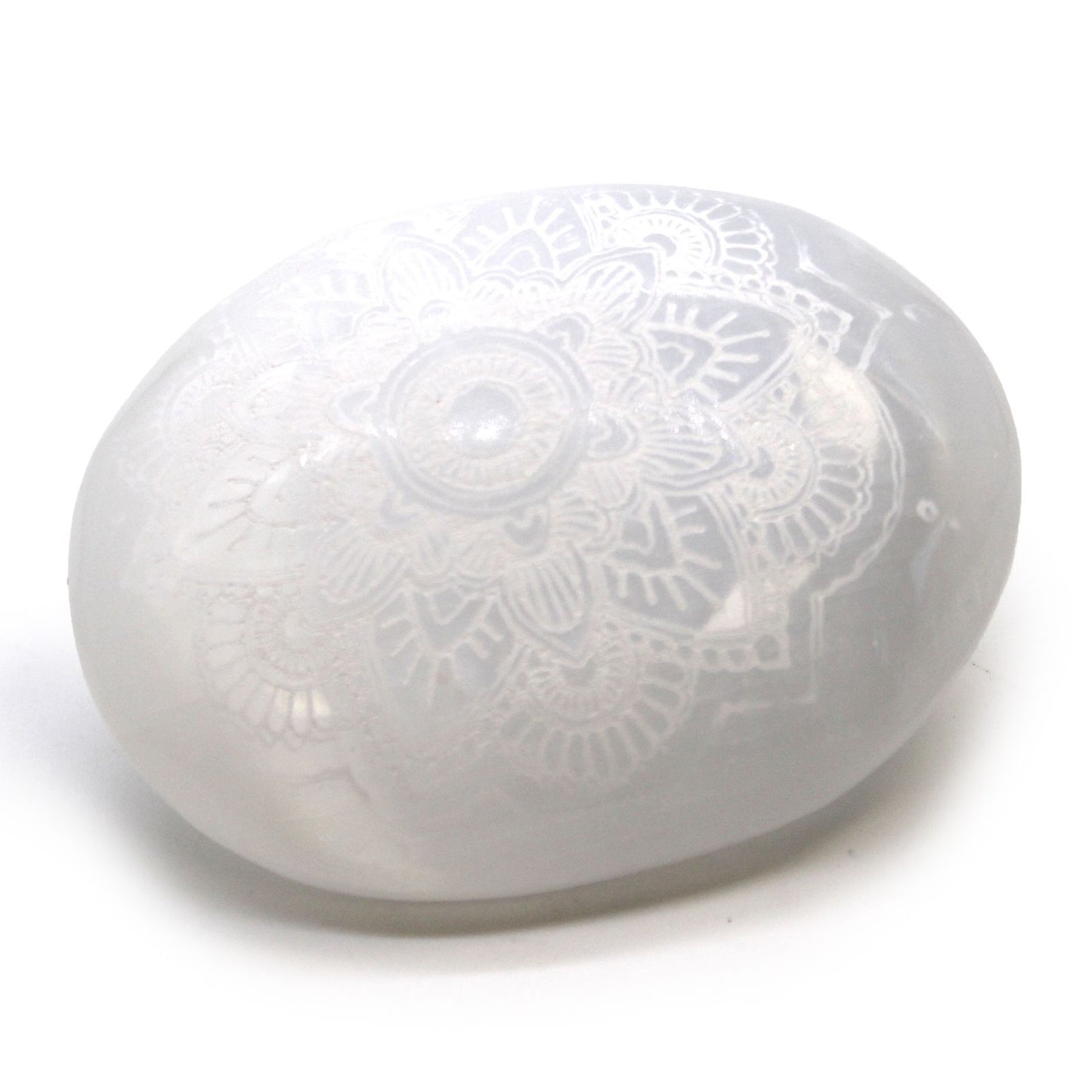Selenite Palm Stone with Engraved Mandala