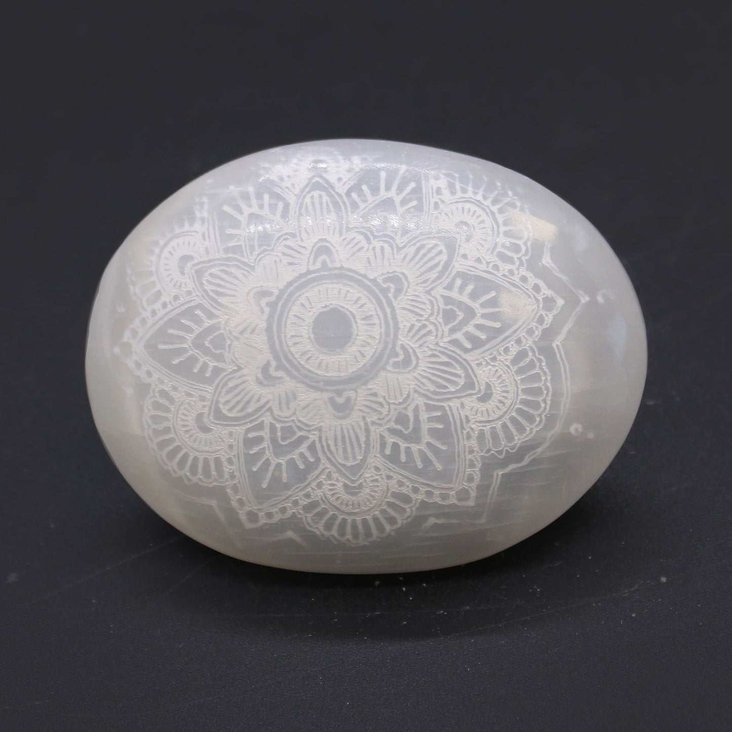 Selenite Palm Stone with Engraved Mandala