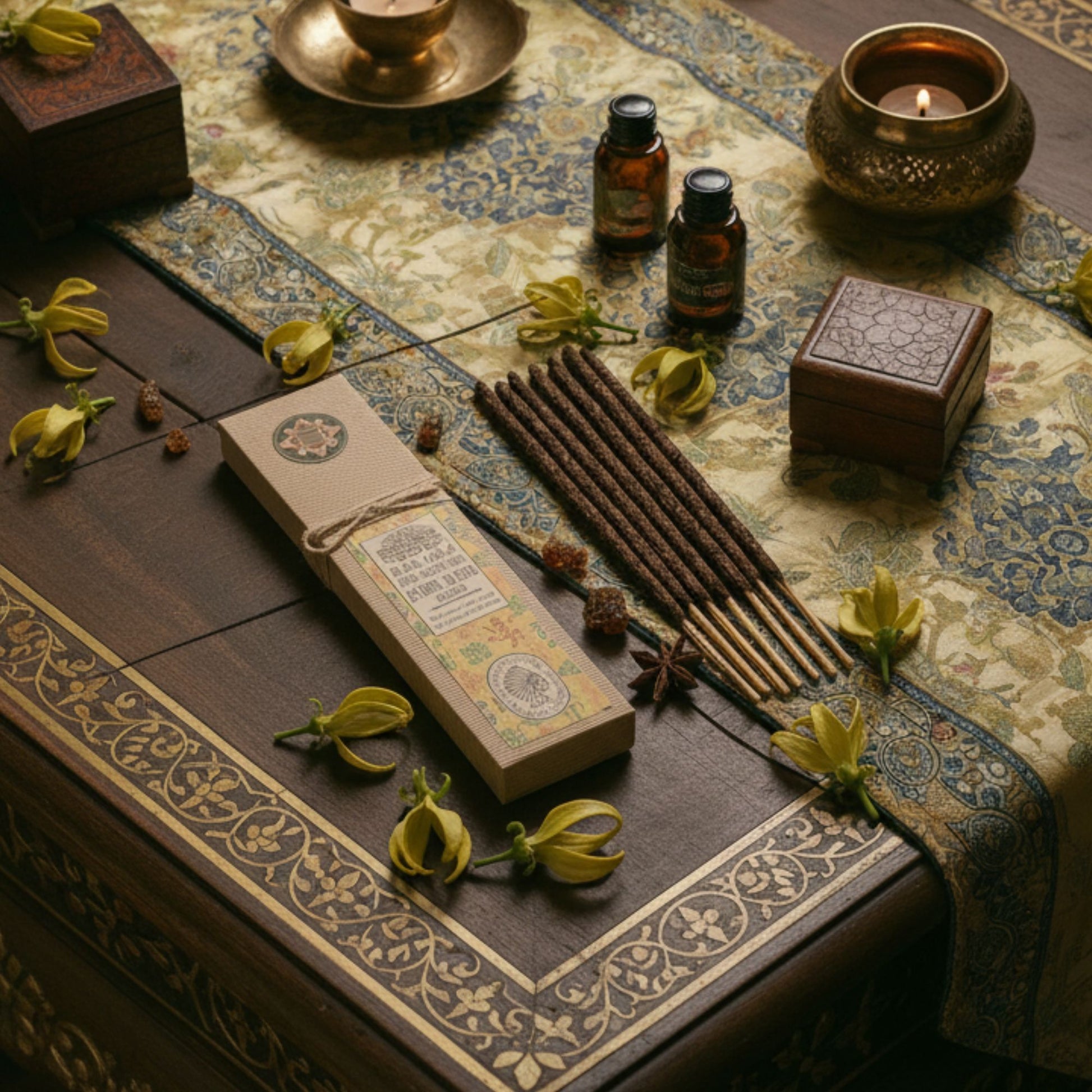 Aromatherapy setup with incense sticks, essential oils, and flowers on a patterned tablecloth.