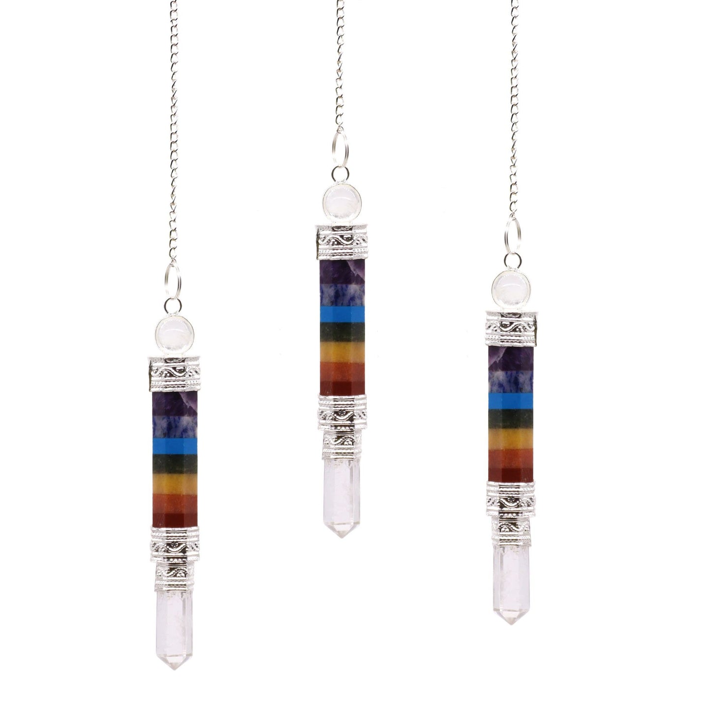 7 Chakra Pendulum with Clear Crystal Point