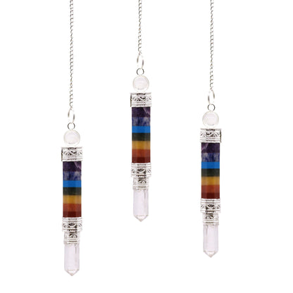 7 Chakra Pendulum with Clear Crystal Point