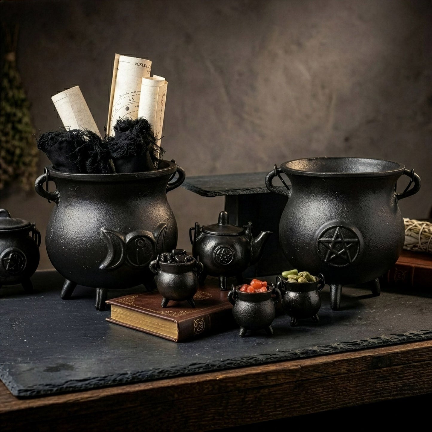 Set of 4 Extra Small Cast Iron Cauldrons 5x7cm