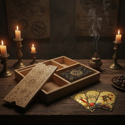 Four Section Tarot Box & Card Holder With Sun Carving