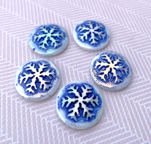 White Glass Snowflake Cabochon with Blue Wash 21mm Pack of 2
