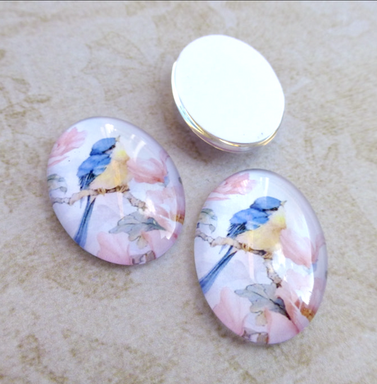 Blue Yellow Bird Oval Glass Cabochons 25x18 mm Pack of 6
