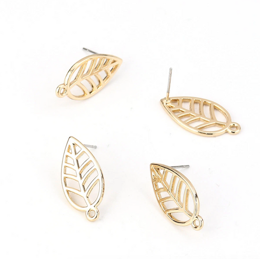 Gold Plated Leaf Ear Studs, earring component, earrings findings with a loop
