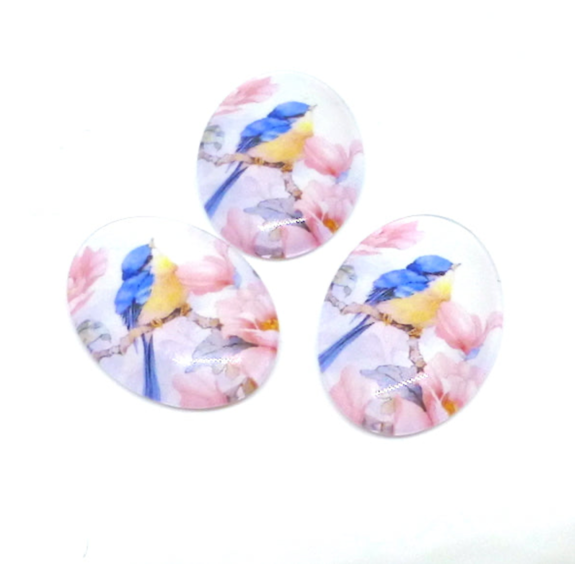 Blue Yellow Bird Oval Glass Cabochons 25x18 mm Pack of 6