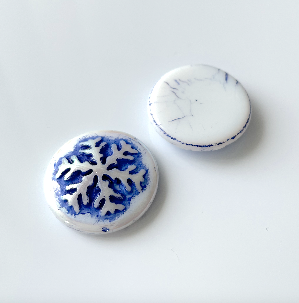 White Glass Snowflake Cabochon with Blue Wash 21mm Czech glass cabochon for bead embroidery