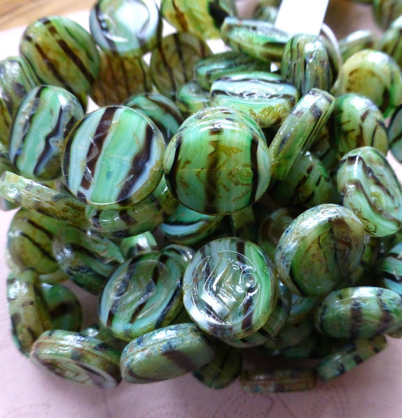 Green Picasso Carved Coin Beads Czech Glass Pack of 10 