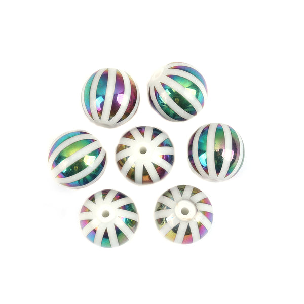10 mm Glass Beads White and Green Iris Stripes - Pack of 10
