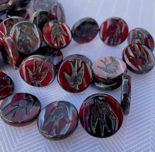 Red Marbled Swallow Bird Czech Glass Large Coin Beads Pack of 2