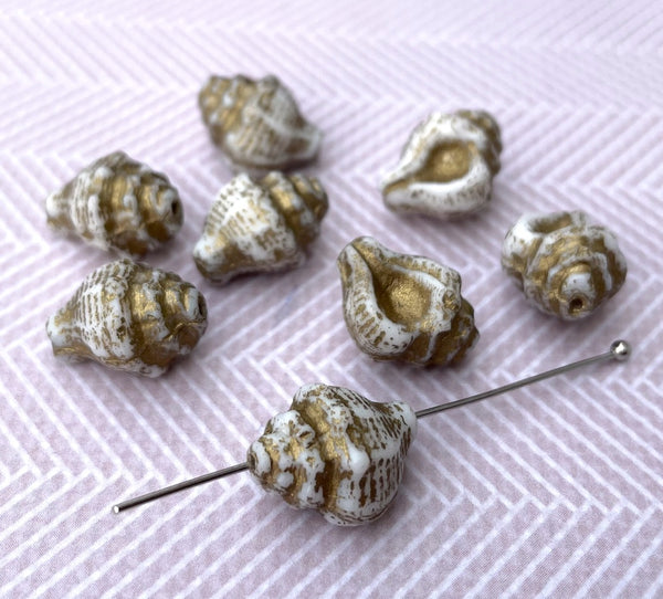 White Gold Murex Shell Beads Czech Glass Pressed Beads Pack of 10