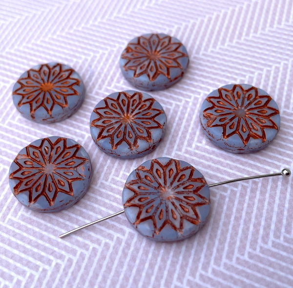 Grey and Copper Origami Flower Czech Coin Glass Beads Pack of 6
