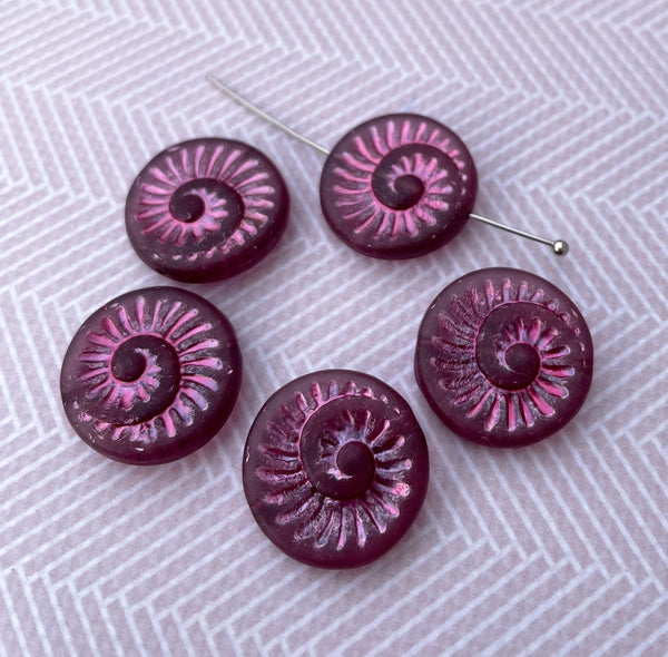 Plum with Pink Wash Fossil Beads Czech Glass Beads Pack of 5