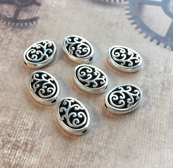 Oval Spacer Beads Antique Silver Carved Pack of 30