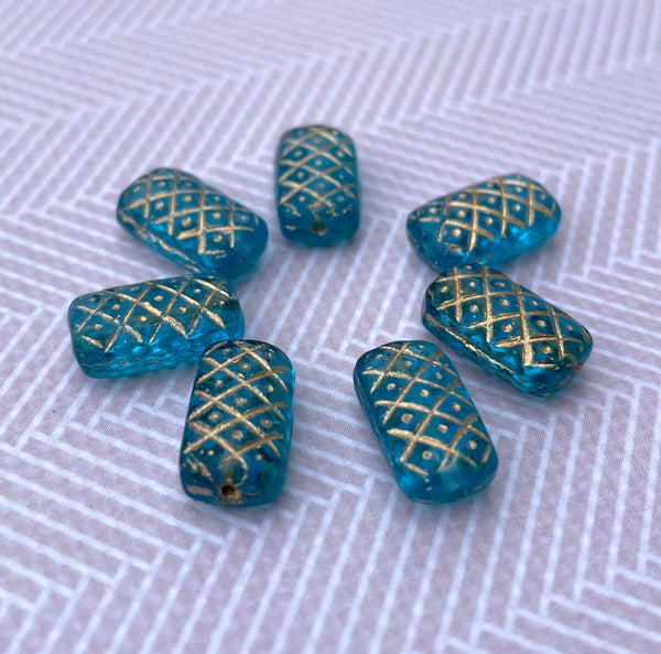 Blue Rectangular Glass Bead with Gold Wash Pack of 10