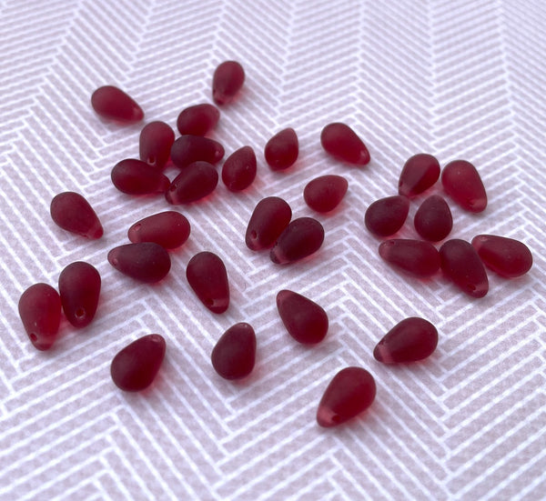 Frosted Transparent Red Drop Glass Beads 9 x 5 mm Teardrop 10 grams