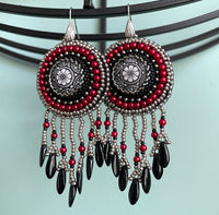 Black Red and Silver Handmade Fringe Earrings with Glass Cabochon