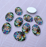 Glass Oval Cabochons with Flowers 18x13mm Pack of 10