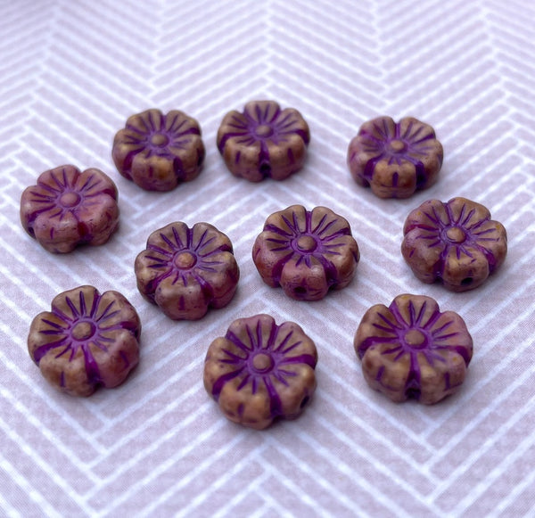 Purple Chalk White 9mm Flower Beads Pack of 10