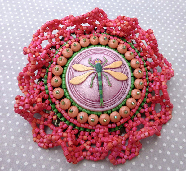 Lacy Embroidered Brooch with Dragonfly
