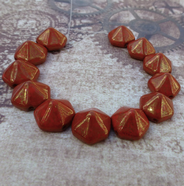 Coral Lumi Pecan Pyramid Hex Glass 2hole Beads Strand of 12