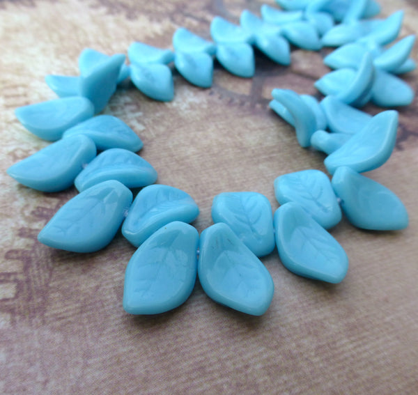 Light Blue Opaque Leaf Beads Czech Glass Leaves Pack of 20
