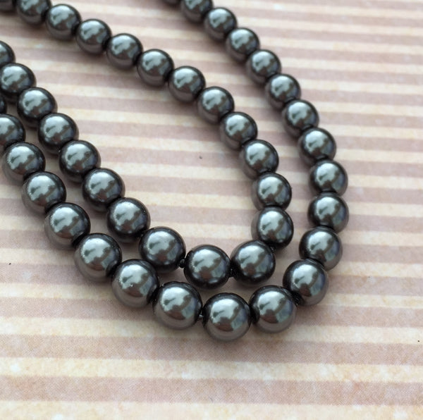 Hematite Round Czech Glass Pearls 8 mm Strand of 35 beads