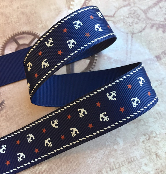Blue Nautical Grosgrain Ribbon with Anchor 3 Meters