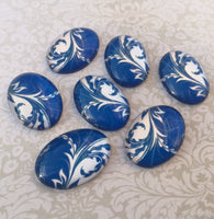 Blue Pattern Glass Oval Cabochons Pack of 10