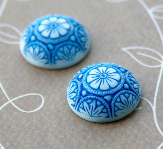 Blue and White 18 mm Glass Cabochon Czech Glass by Preciosa Pack of 2